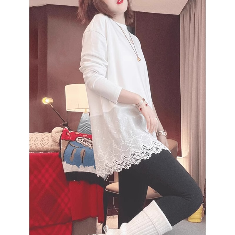Pure Cotton White Lace-Trimmed Long-Sleeve T-Shirt for Women, New Spring and Autumn Style, Stylish Loose Mid-Length Base Shirt, Trendy