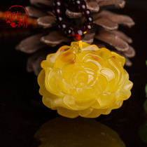 Decorated with natural unoptimized Amber chicken oil yellow beeswax peony flower pendant womens sweater chain