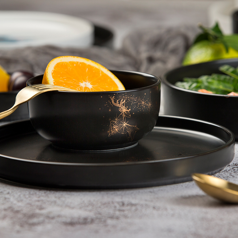 Nordic creative ceramic tableware, household dish dish dish beefsteak plate, black deer rice bowls rainbow such as bowl soup bowl