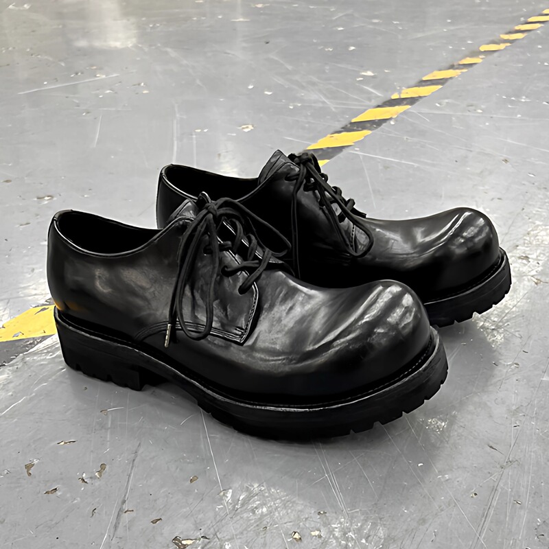 Black Leather Hand-Stitched Goodyear Welted Washed Dog-Tooth Sole Mickey Derby Leather Shoes for Men and Women, Vintage Casual Style Black Leather Hand-Stitched Goodyear Welted Washed Dog-Tooth Sole Mickey Derby Leather Shoes for Men and Women, Vintage Casual Style