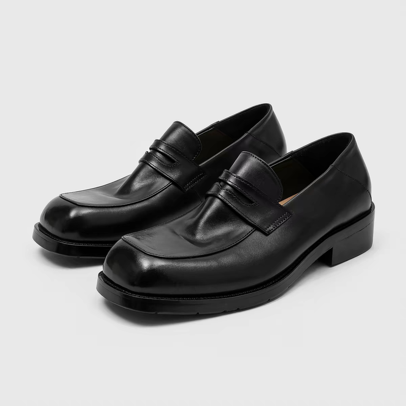 Old Money Style Washed Leather Square-Toe Loafers for Men, Slip-On Thick-Soled Commuter Formal Derby Men's Leather Shoes