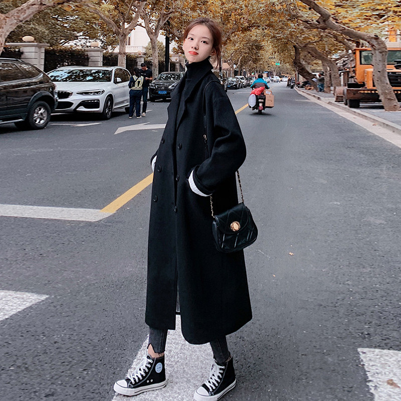 Black woolen coat women's mid-length version 2021 autumn and winter new Hepburn style over-the-knee straight suit woolen coat trendy