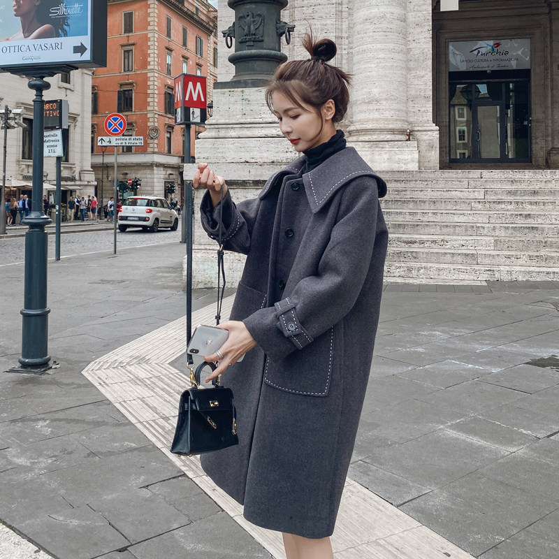 Herbenwind Academy Wind Navy Collar Fur Coats Women's Mid-2021 Autumn Winter New Small Sub-Loose Thickened