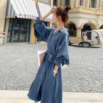 Smog blue French vintage shirt dress hipster 2021 spring new loose slim design sense long skirt