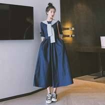 Long sleeve denim dress female spring and autumn thin model 2021 new college style retro French long skirt knee big swing skirt