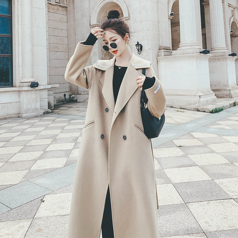 Camel woolen coat women's mid-length version over the knee 2021 autumn and winter new high-end niche navy collar woolen coat