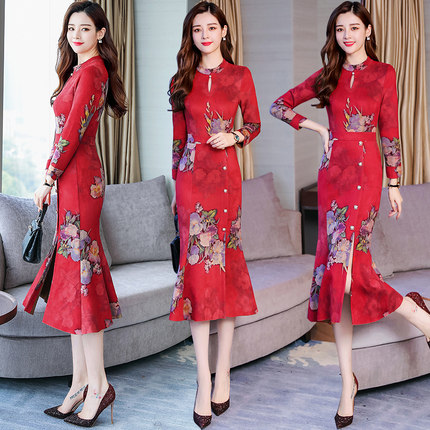 2018新款春秋长袖连衣裙包臀鱼尾裙小香风鹿