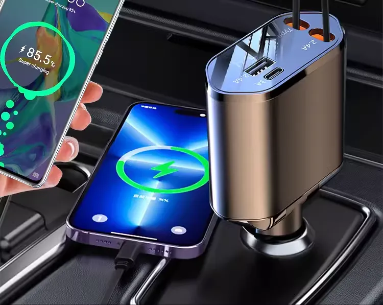 Car charger one drag four super fast charging car cigarette lighter pd fast charging telescopic line mobile phone conversion plug
