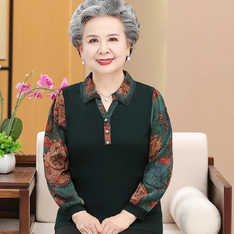 Spring Clothes for Middle-Aged and Elderly Women, Long-Sleeved Tops, Mother's and Wife's T-Shirts, Base Shirts, Summer Shirts for 60-70 Year Old Grandmothers