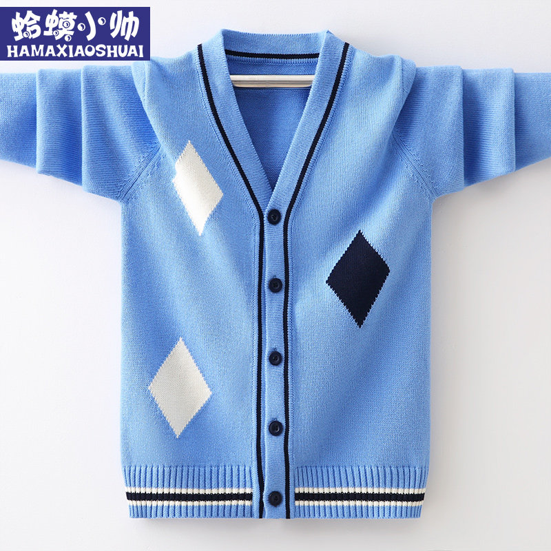 Boy's cardiovert sweater children's spring clothes 2022 new foreign Piers V collar Spring and autumn money Boy Pure Cotton Boy Coat