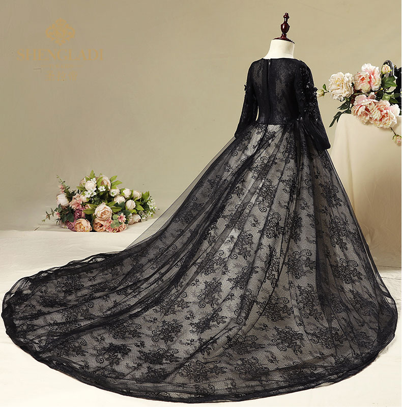 Trang phục trẻ em nữ màu đen dài tay mẫu catwalk showtail cô gái công chúa váy fluffy piano trang phục quần áo be gái 10 tuổi