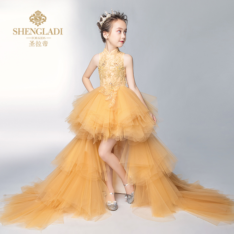 Đầm trẻ em công chúa váy đầm công chúa catwalk dạ hội 2018 bé gái trailing nhỏ chủ trang phục piano váy dài tay bé gái