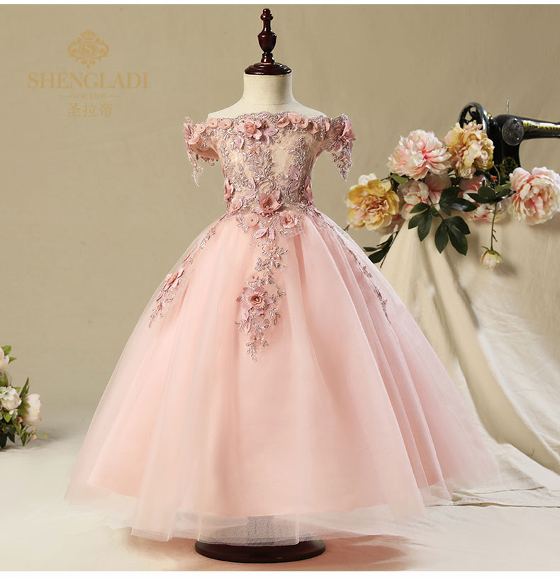 Công chúa váy cô gái đám cưới fluffy cô gái từ vai ăn mặc con máy chủ đàn piano trang phục hoa cô gái ăn mặc đầm cho bé