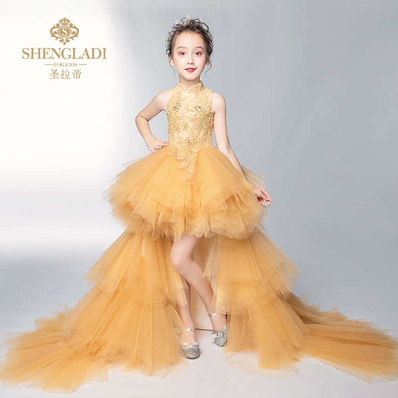 Đầm trẻ em công chúa váy đầm công chúa catwalk dạ hội 2018 bé gái trailing nhỏ chủ trang phục piano váy dài tay bé gái