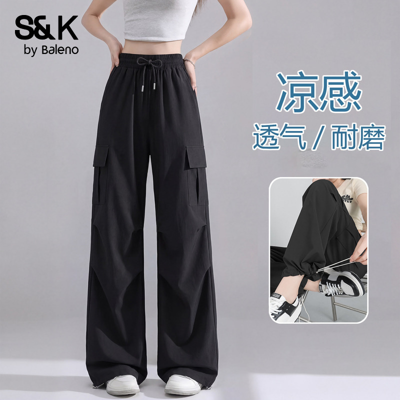Baleno S&K Black Straight-Leg Work Pants for Women 2026 Summer New Cool Outdoor Sports Paratrooper Hiking Pants H