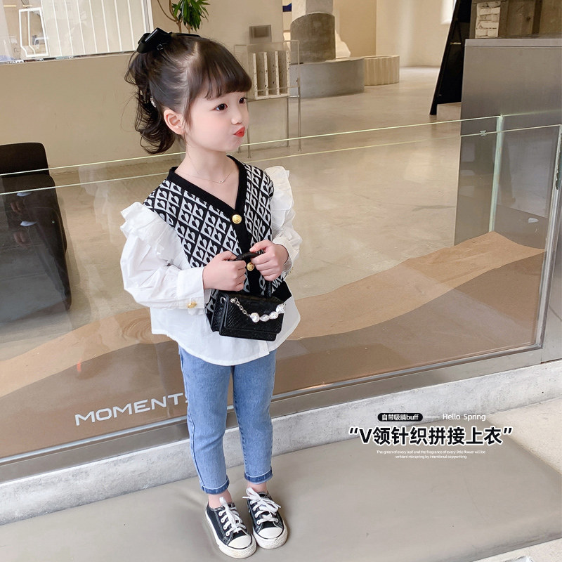 Girls' shirts 2022 spring new children's Western style knitted stitching shirts baby long-sleeved tops baby shirts trendy