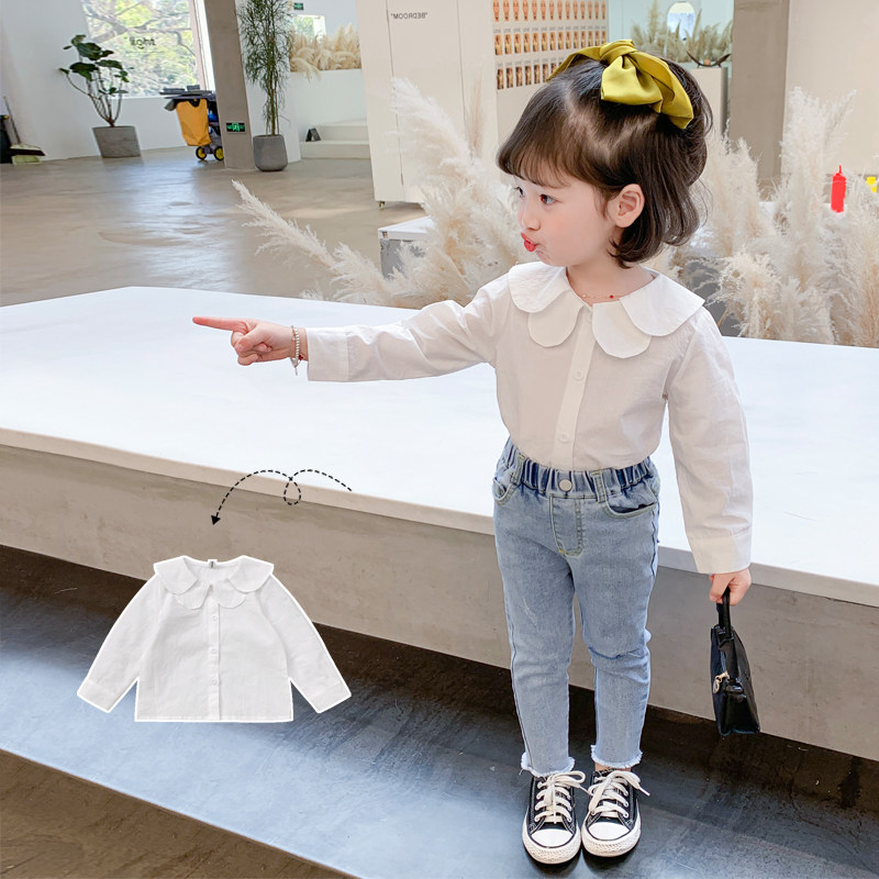 Girl Shirt Spring Autumn Slim Fit Woman Baby Shirt Cardiovert Baby Boomer Wave Korean Version Casual Long Sleeve Foreign Pie