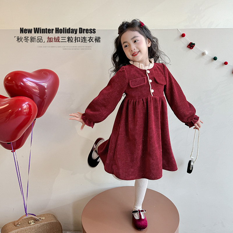Girl Red Dress Code Dresses Autumn Winter Children Baiu Princess Dress Plus Suede Dresses Winter Clothing Little Girl New Year Clothes-Taobao