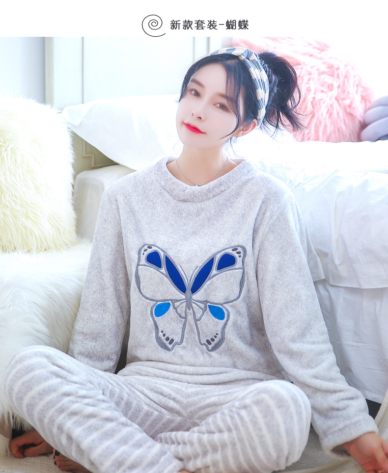 Coral flannel đồ ngủ phụ nữ mùa thu và mùa đông dễ thương bộ đồ ngủ hoạt hình quần ngủ hai bộ dày bên ngoài mặc phù hợp với dịch vụ nhà - Giống cái đồ ngủ hình thú