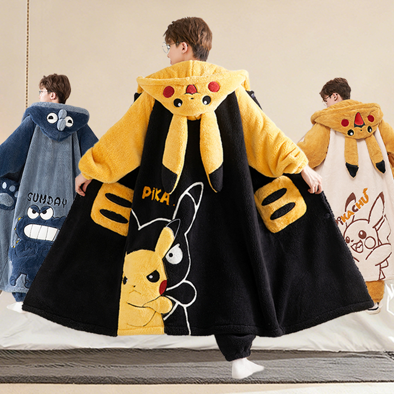 Men's Pajamas 2025 Winter Fleece-Lined Thickened Coral Fleece Robe Large Size Teenagers Students Cartoon Bathrobe Loungewear