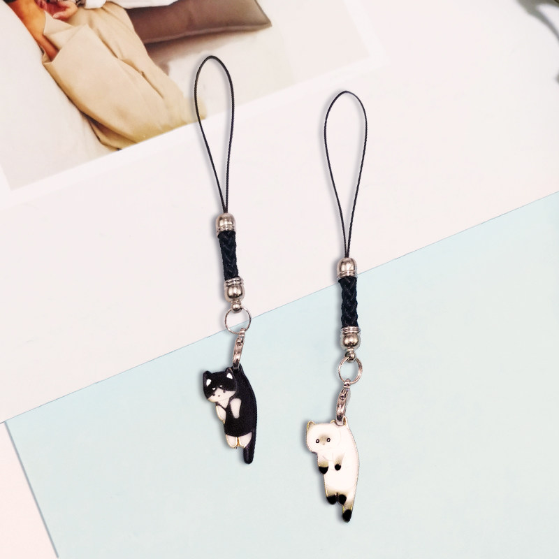 Cute cat-themed phone lanyard chain, handmade sturdy Japanese-style creative black cat pendant, couple's pendant, USB flash drive charm, men's and women's phone case, earphone cover, anti-loss lanyard.