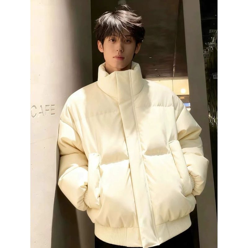 Off-White Stand-Collar Short down Jacket for Men, Winter Thickened Warm Cotton Coat, American-Style Pu Leather Jinjiang Cotton Jacket Off-White Stand-Collar Short down Jacket for Men, Winter Thickened Warm Cotton Coat, American-Style Pu Leather Jinjiang Cotton Jacket