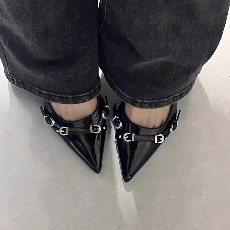 Black High-Heeled Shoes for Women with a Unique Design, Elegant and Sophisticated, Studded Patent Leather Kitten Heels with a Single Strap and Closed Toe