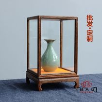 Custom mahogany carving antique crafts Buddha statue strange stone ornaments base Chicken wing wood cage display dustproof glass cover