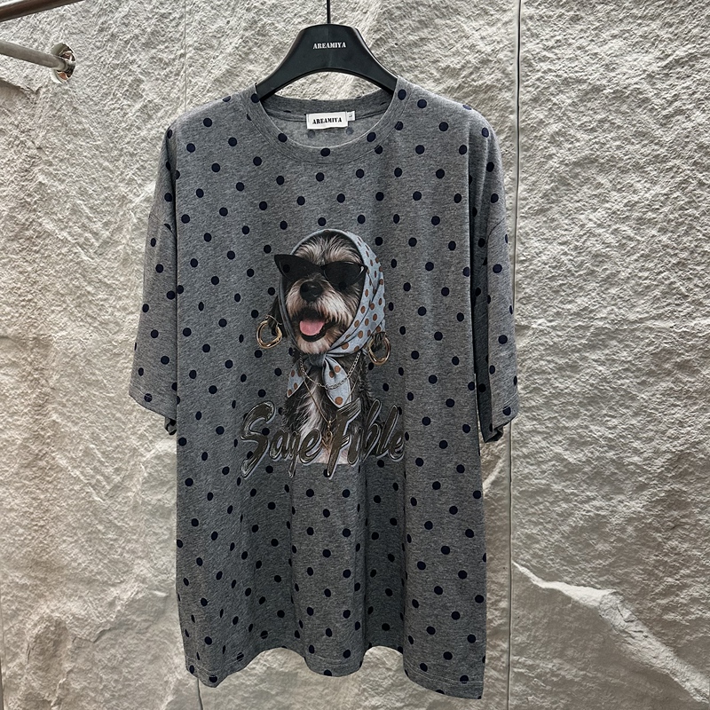 【Lady Schnauzer】Women's Summer Loose and Versatile Polka Dot Trendy Print Short Sleeve T-Shirt Cp1066 【Lady Schnauzer】Women's Summer Loose and Versatile Polka Dot Trendy Print Short Sleeve T-Shirt Cp1066