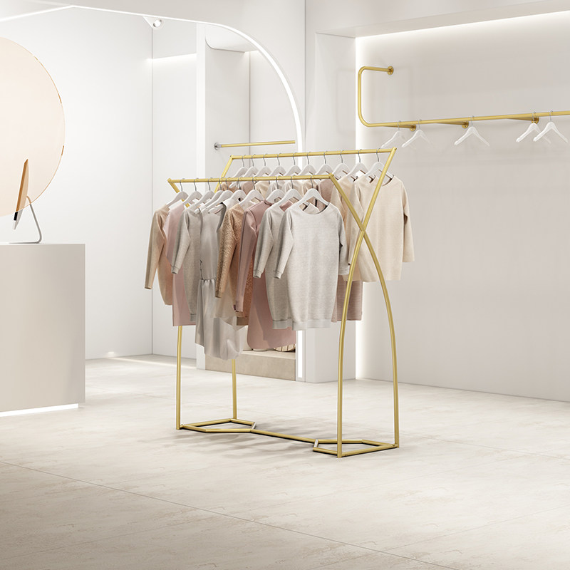 Clothing Store Show Show Golden Middle Island Rack Floor Shelf Minimalist Double Platoon Shelf Middle Shelf Double Bar Side Hanging Hanger