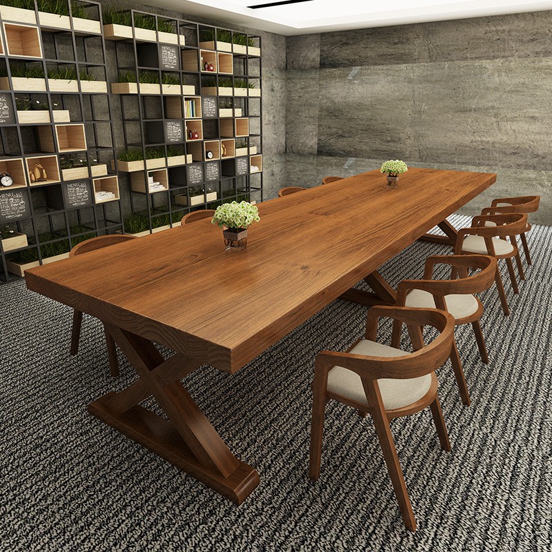 Large solid wood conference table log large board long table simple desk long strip training table negotiation table and chair combination