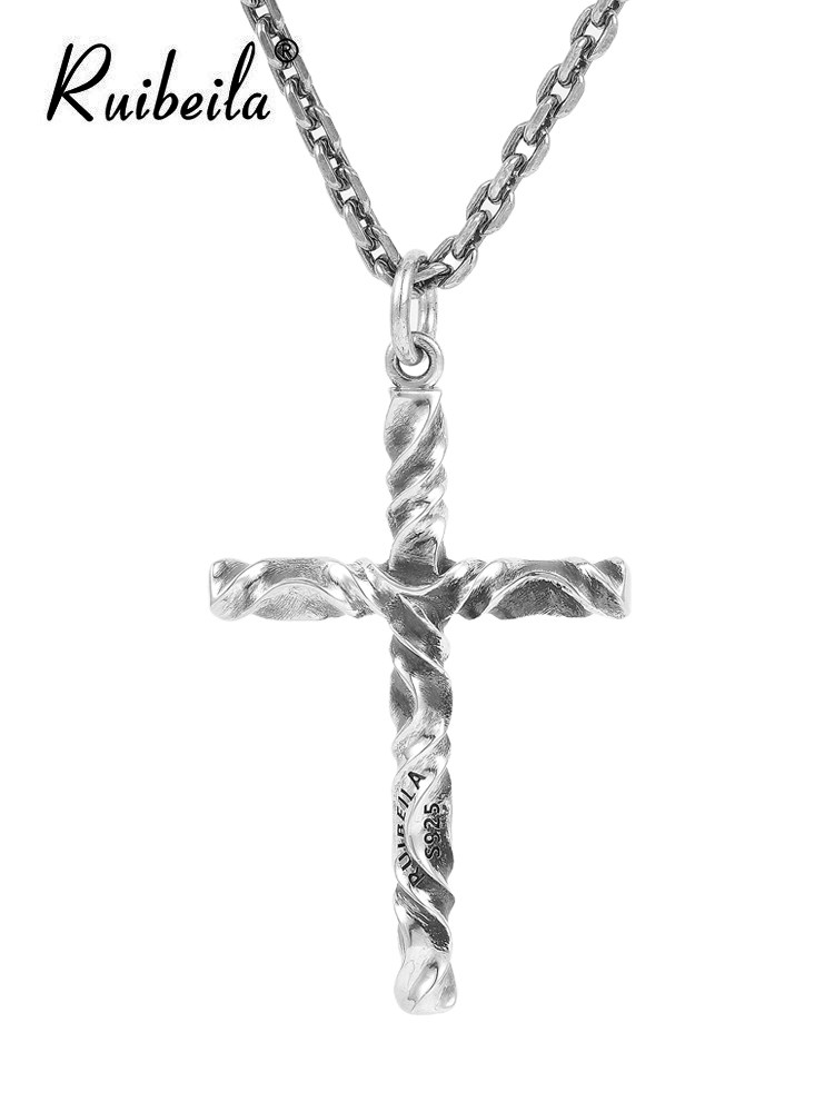 ruibeila retro cross pendant necklace men's s925 silver niche design fashion personality sweater chain tide