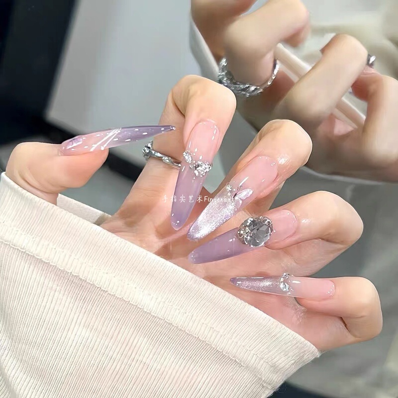 [Lavender Purple] Purple Crystal Cat's Eye Handmade Wearable Nails Long Style High-End Butterfly Big Diamond Explosive Manicure