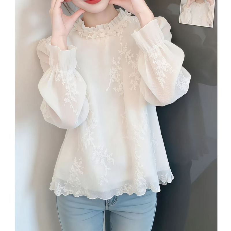 French-Style Exquisite and Beautiful Blouse Top 2026 Spring New High-End Design Niche Lace Base Shirt for Women Trendy