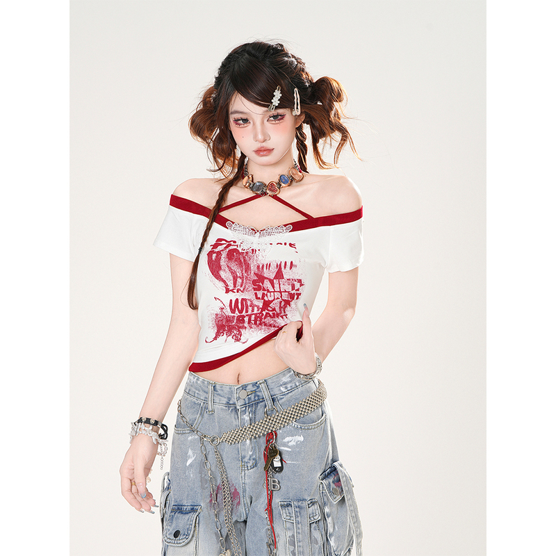 Kellykitty Hot Wave Neon American Style Short-Sleeved Lace Halter T-Shirt for Women Summer Hot Girl Slimming Short Top