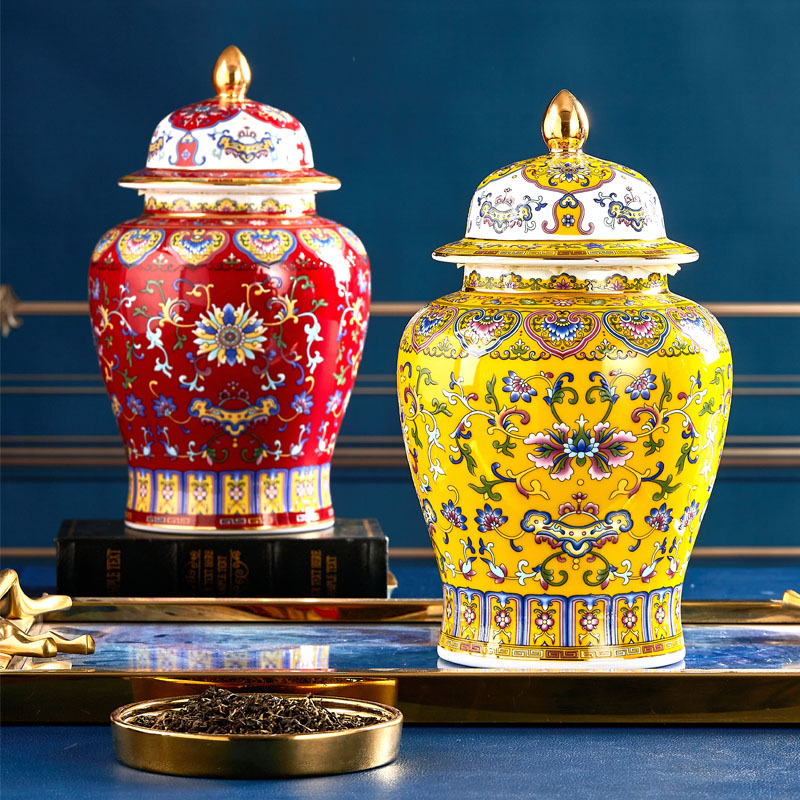 Enamel Ceramic Tea Canister with Lid, Sealed Storage Jar, Antique-Style General Jar, Vase Ornament
