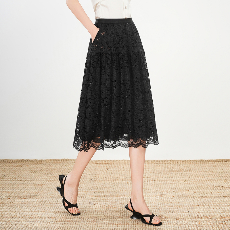 Shengyu Bamboo Special Clearance Sale Mulberry Silk Half Skirt 2026 Summer New Lace Hollow Out Diamond-Embellished Short Skirt for Petite Women