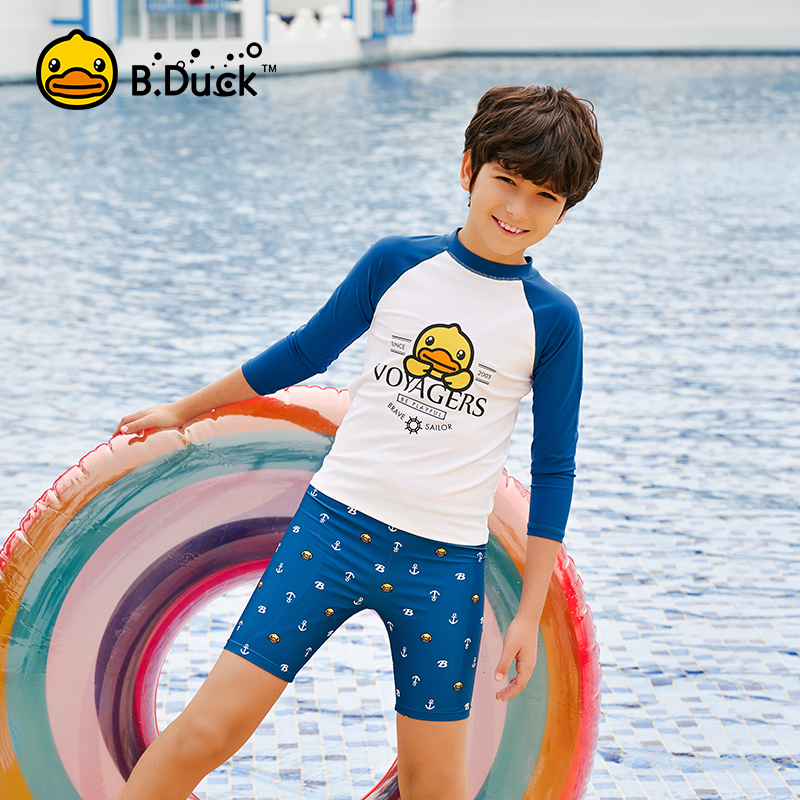 B Duck little yellow Duck children's swimsuit boy split long sleeve sunscreen swimming trunks