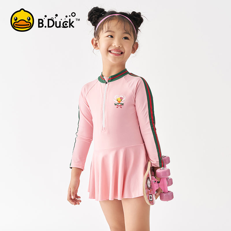 B. Duck little yellow duck children's swimsuit girls summer long sleeves one-piece princess skirt flat horn girls baby middle and older children's clothes