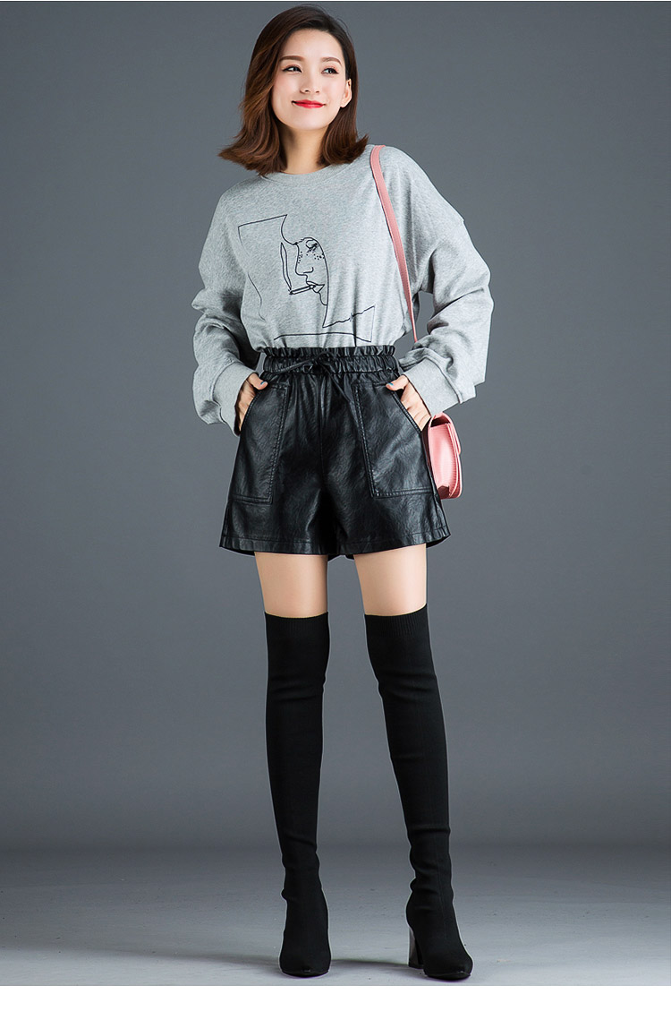 Quần short eo thun nữ mùa thu đông 2018 mới size lớn eo cao pu da hoang dã rộng chân rộng mặc bên ngoài mặc quần bốt quần short ren nữ đẹp