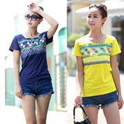 Áo thun cotton mỏng tay ngắn mùa hè Fat MM XL Kiểu dáng cổ áo nữ quốc gia