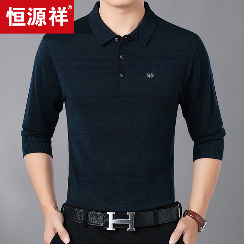 Áo thun nam tay dài Hengyuanxiang Mùa thu trung niên nam ve áo mỏng phần áo thun áo len cha trung niên áo phông unisex