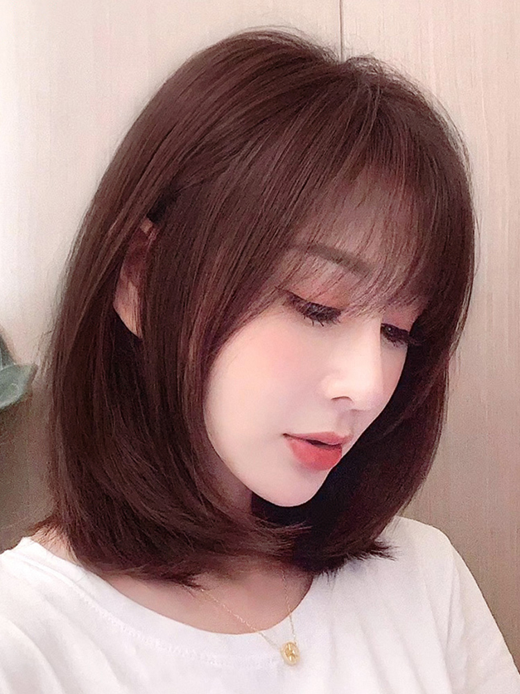Wig female long hair net red inner buckle clavicle hair Short hair styling air bangs simulation human hair natural full headgear