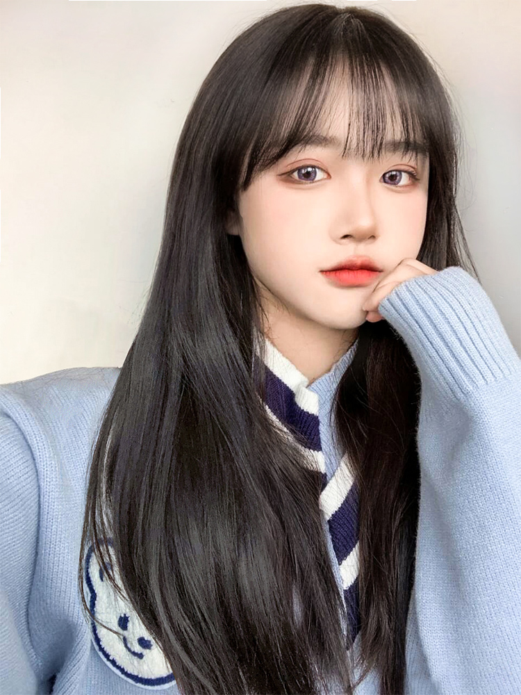 Wig female long hair natural full head cover net red realistic black long straight hair Air bangs in the sea long new wig