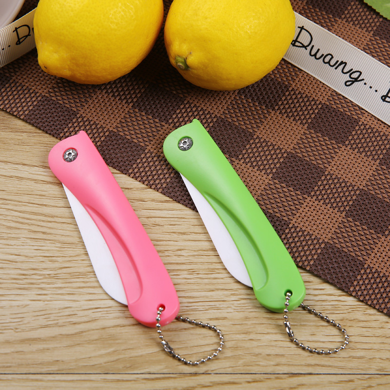 Folding Knife: Green + Pink (1 Each)Fruit knife Folding knife multi-function household Ceramic knife pocket knife With you lovely Portable Peeler Paring knife suit