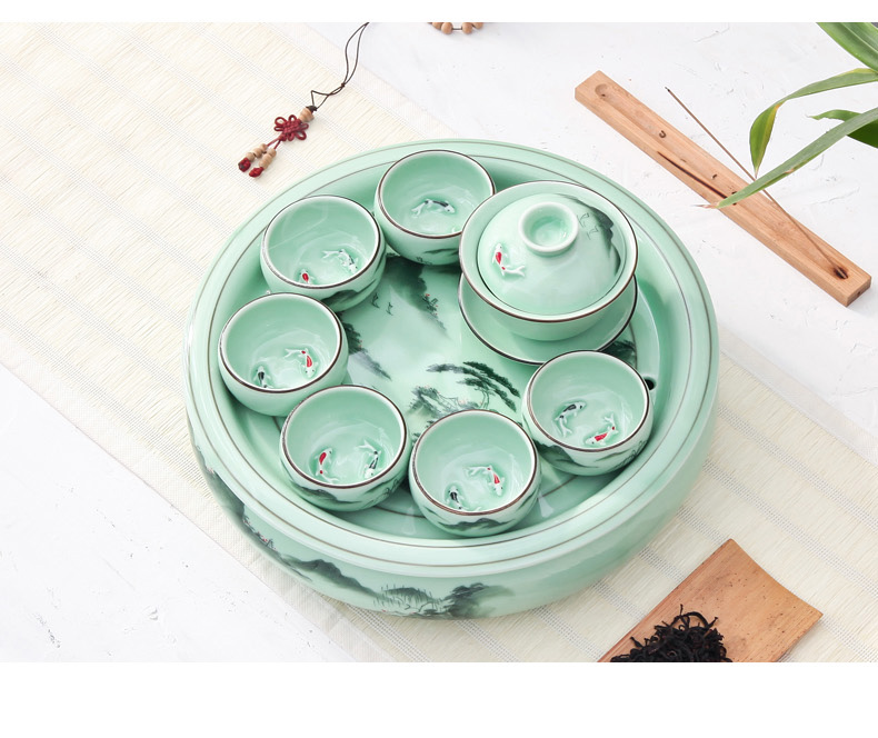 Longquan celadon ceramic tea set round kunfu tea tea tray was round tray household water storage large ship tea big number