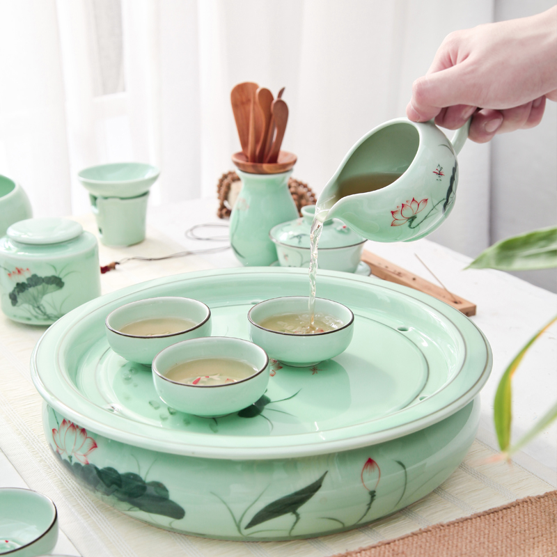 Longquan celadon ceramic tea set round kunfu tea tea tray was round tray household water storage large ship tea big number