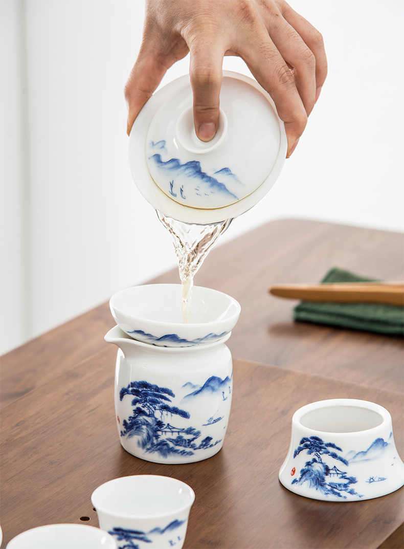 Qiu time Chinese jade porcelain landscape kung fu tea set household ceramic teapot tea cups of a complete set of gift set