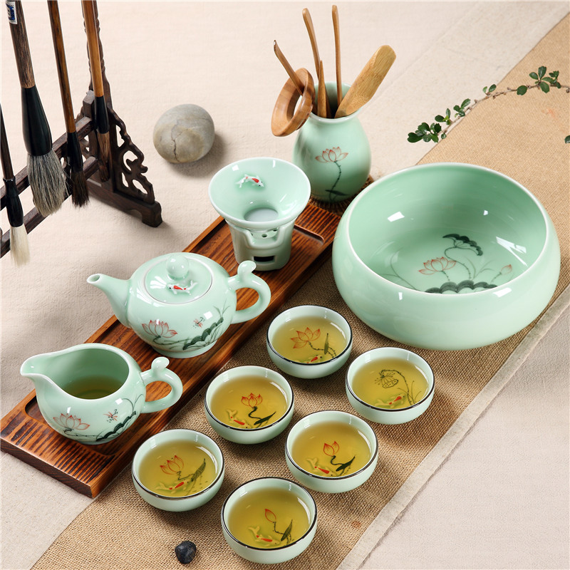 Household longquan celadon ceramics small kung fu tea set ceramic teapot teacup gift set gift suit Chinese style