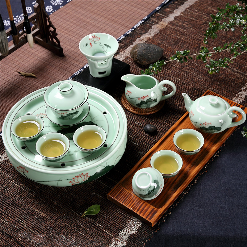 Qiu time household celadon hand - made chaoshan kungfu tea sets tea cup teapot ceramic circle water storage of a complete set of ground